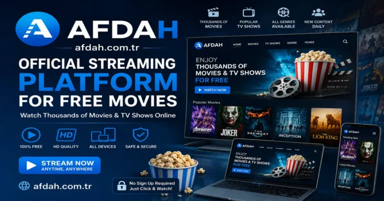 AFDAH official streaming platform featured image showing free HD movies and TV shows online on multiple devices with dark blue cinematic design and afdah.com.tr branding.